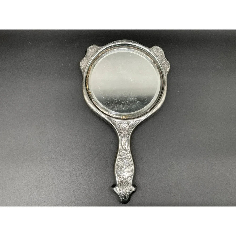 Antique Derby‎ Silver Co Hand Mirror Floral Repousse Silverplate Vanity Decor